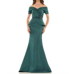 NEW COLORS DRESS beaded waist peplum gown in deep green